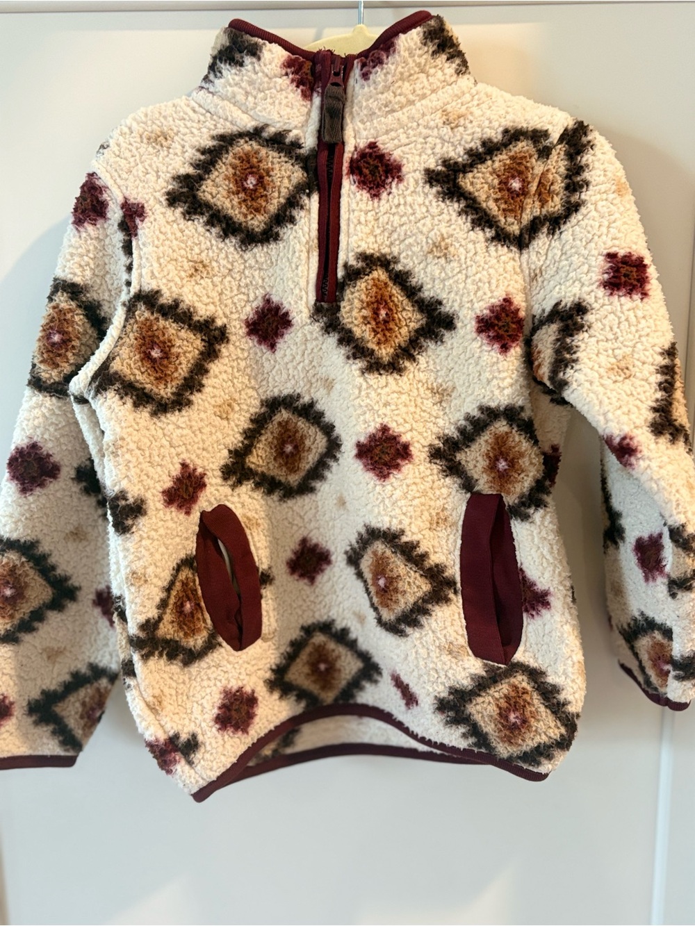 Gymboree Cream Sherpa Pullover with Burgundy & Brown Accents